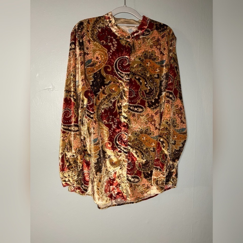 Soft Surroundings velvet bronze Montaigne shirt floral paisley‎ print blouse